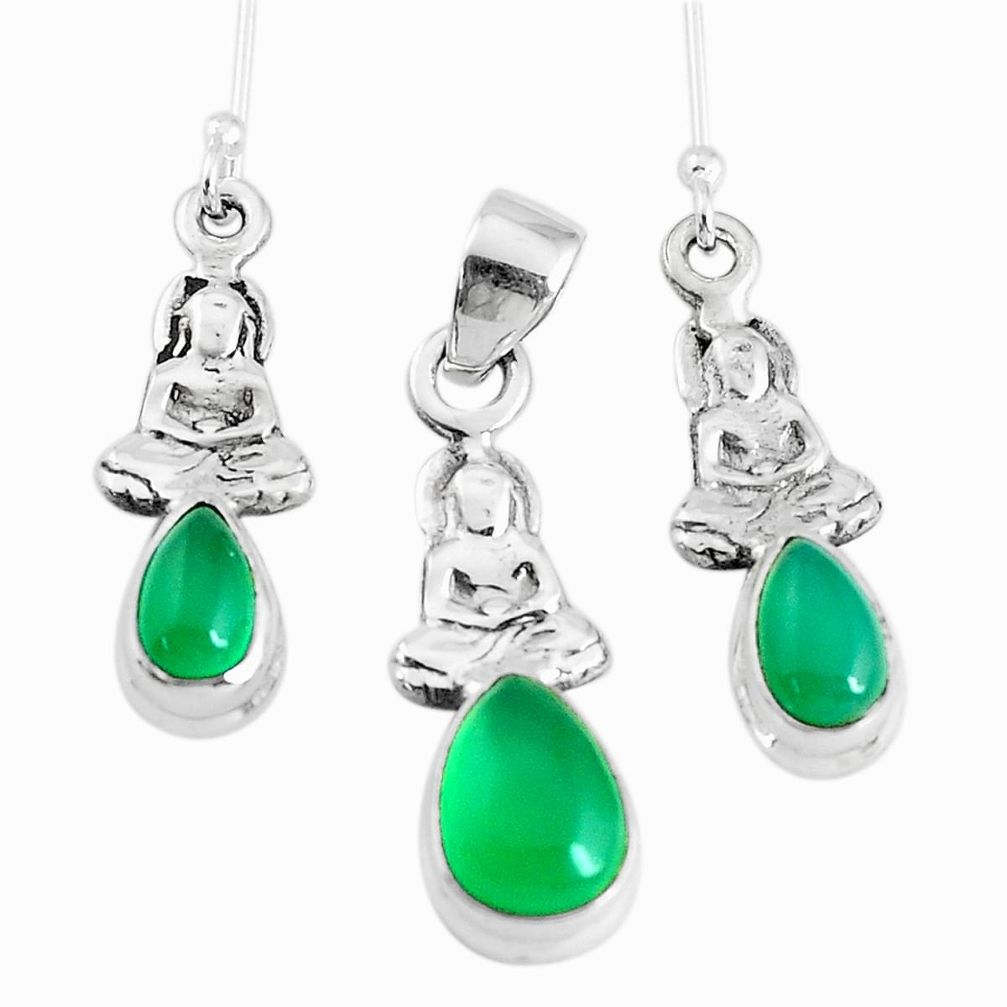 6.32cts natural green chalcedony silver buddha charm pendant earrings set p38657