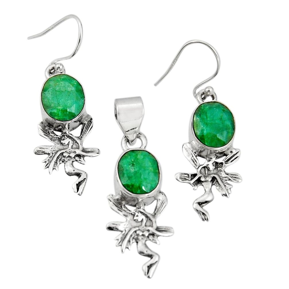 10.74cts natural green emerald 925 sterling silver pendant earrings set r20992