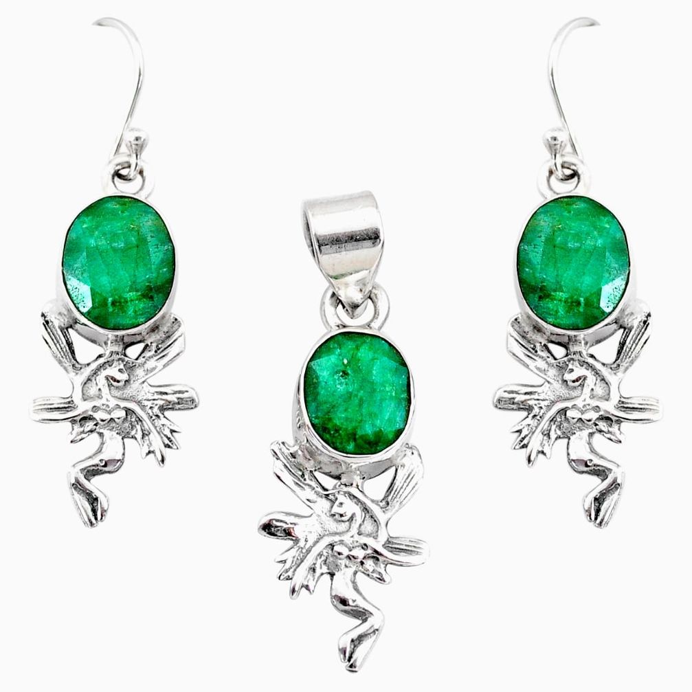 12.39cts natural green emerald 925 silver handmade pendant earrings set r73009