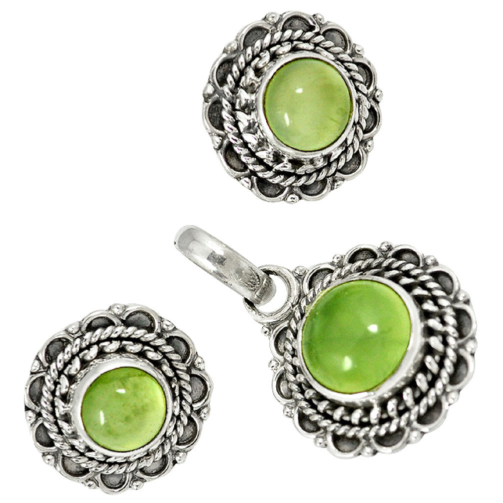 Natural green prehnite 925 sterling silver pendant earrings set jewelry j1385