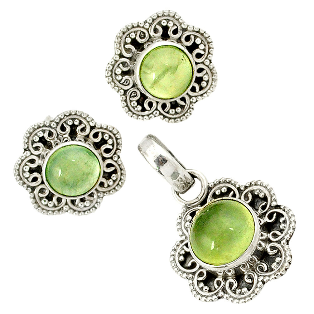 Natural green prehnite 925 sterling silver pendant earrings set jewelry j1389