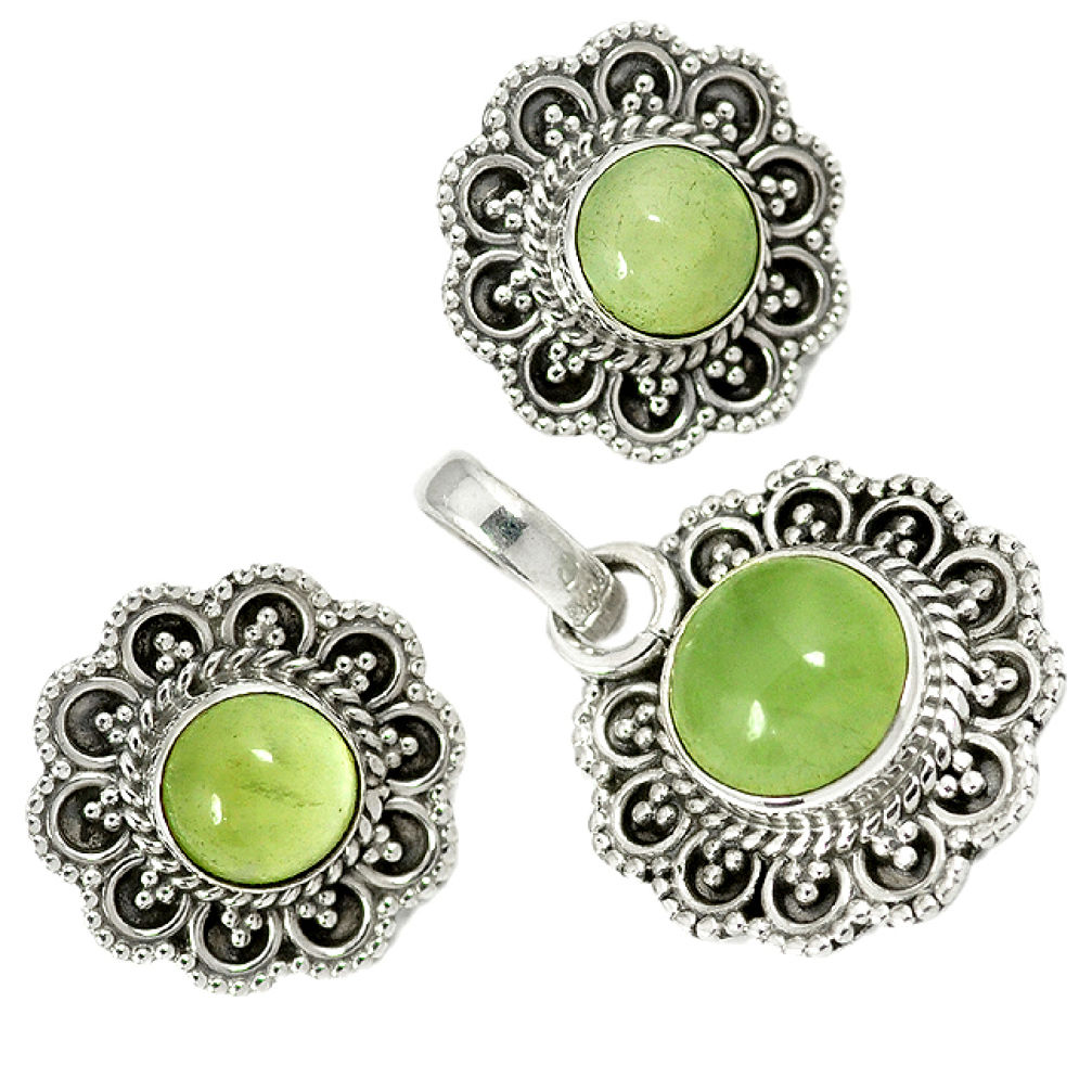 Natural green prehnite 925 sterling silver pendant earrings set jewelry j1395