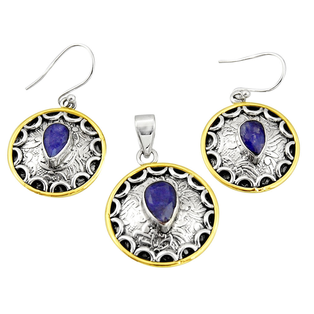 6.63cts natural lapis lazuli 925 silver two tone pendant earrings set r20987