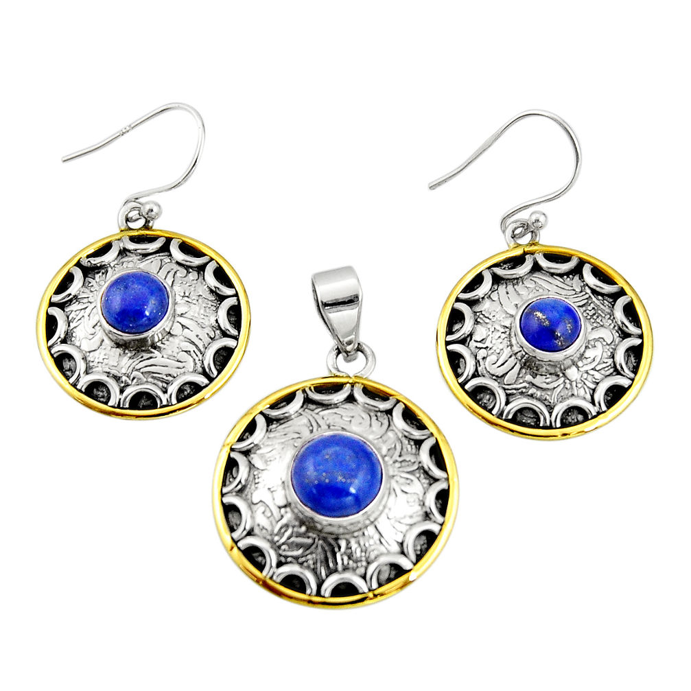 5.69cts natural lapis lazuli 925 silver two tone pendant earrings set r20990