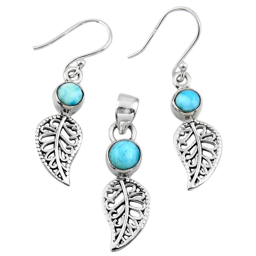 2.52cts natural larimar 925 silver deltoid leaf pendant earrings set r55779