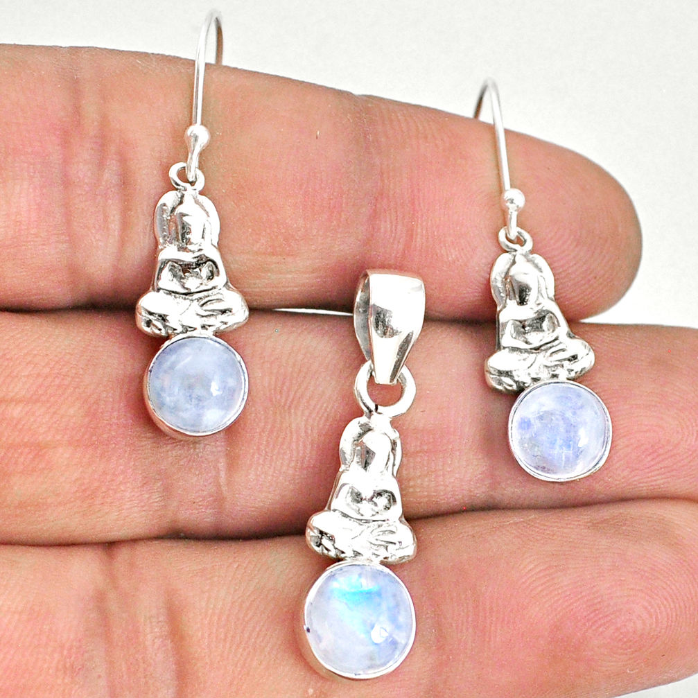 6.74cts natural moonstone 925 silver buddha charm pendant earrings set r70253