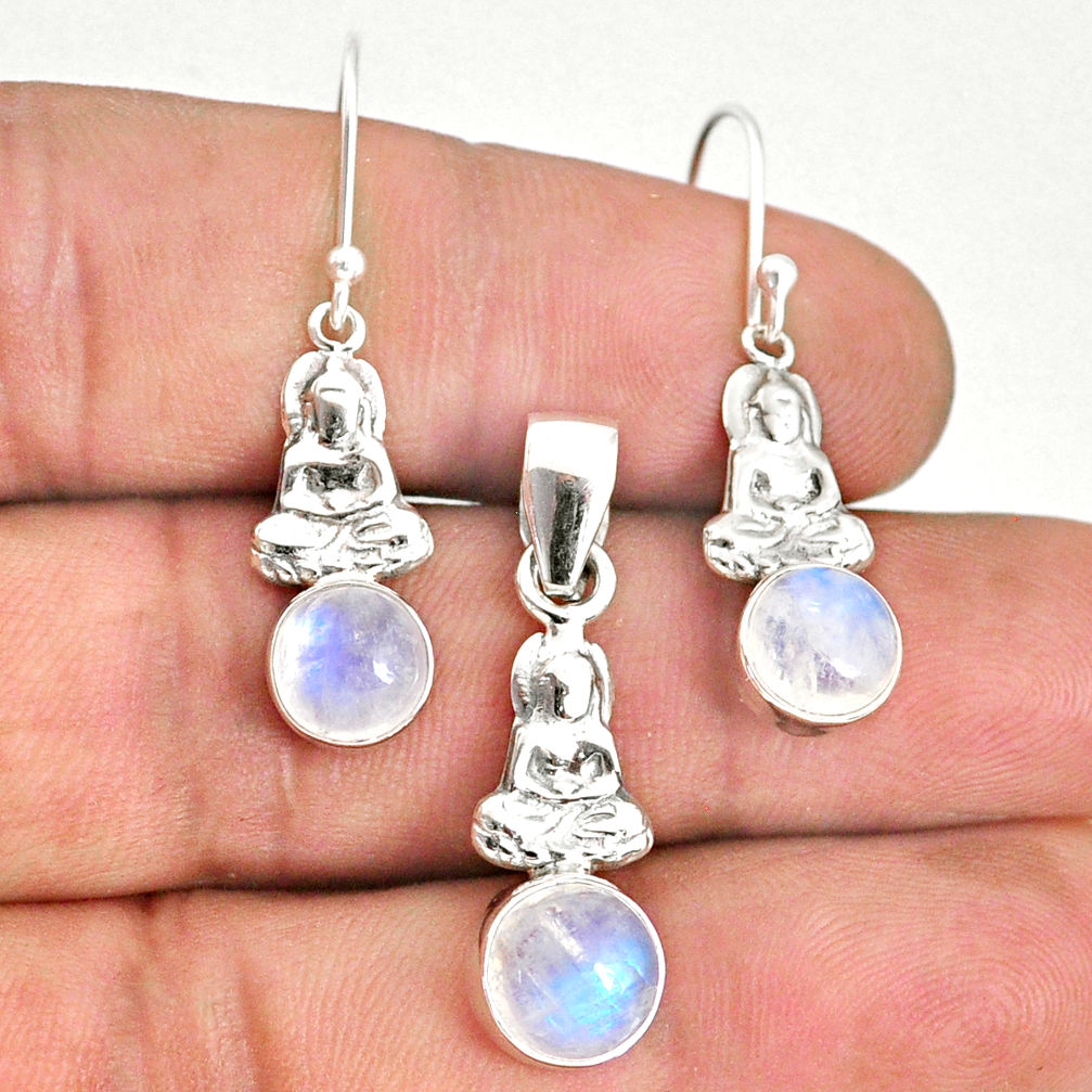 7.12cts natural moonstone 925 silver buddha charm pendant earrings set r70257