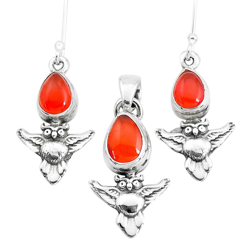 7.02cts natural orange cornelian 925 silver owl pendant earrings set p38593