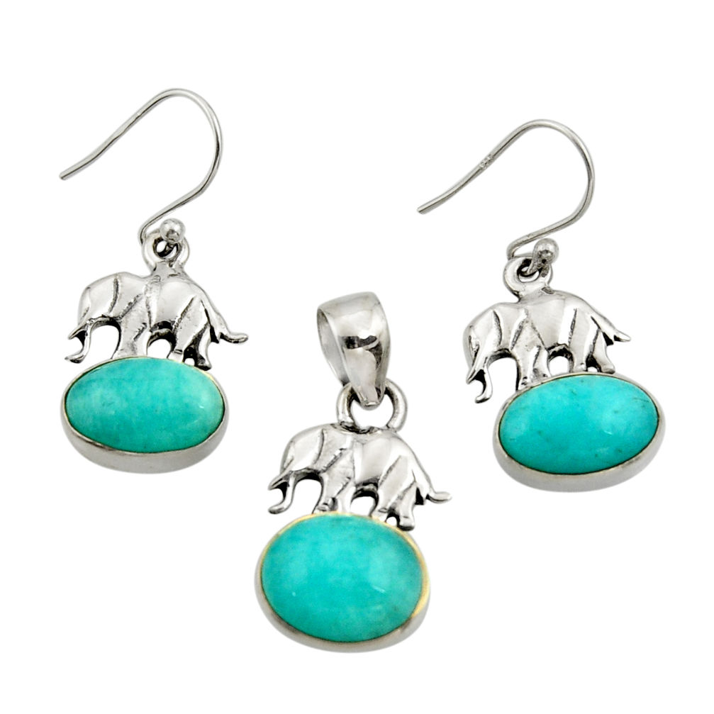 11.54cts natural peruvian amazonite silver elephant pendant earrings set r26574