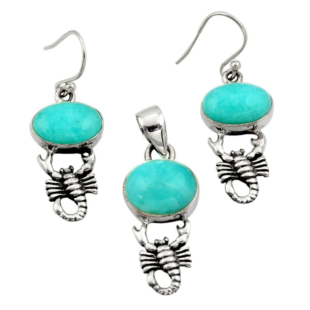 11.30cts natural peruvian amazonite silver scorpion pendant earrings set r26576