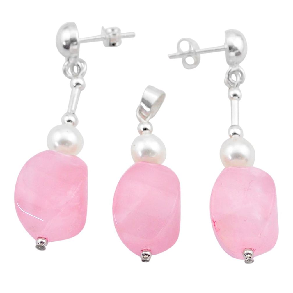 58.42cts natural pink rose quartz pearl 925 silver pendant earrings set c27815