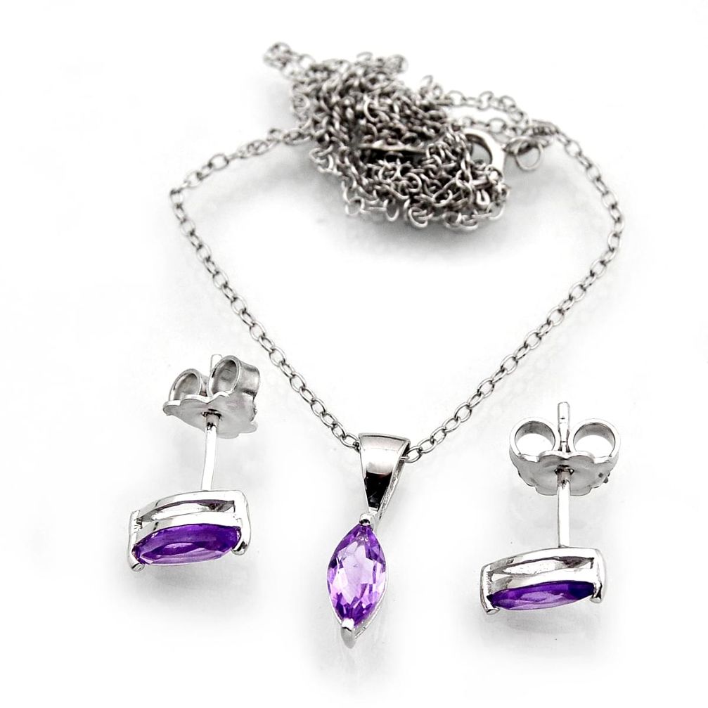 3.18cts natural purple amethyst marquise 925 silver earrings necklace set n11274