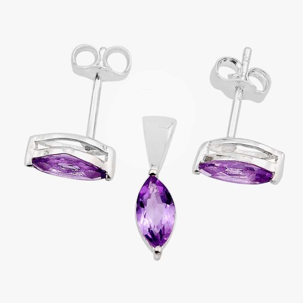 2.58cts natural purple amethyst marquise 925 silver pendant earrings set n11279