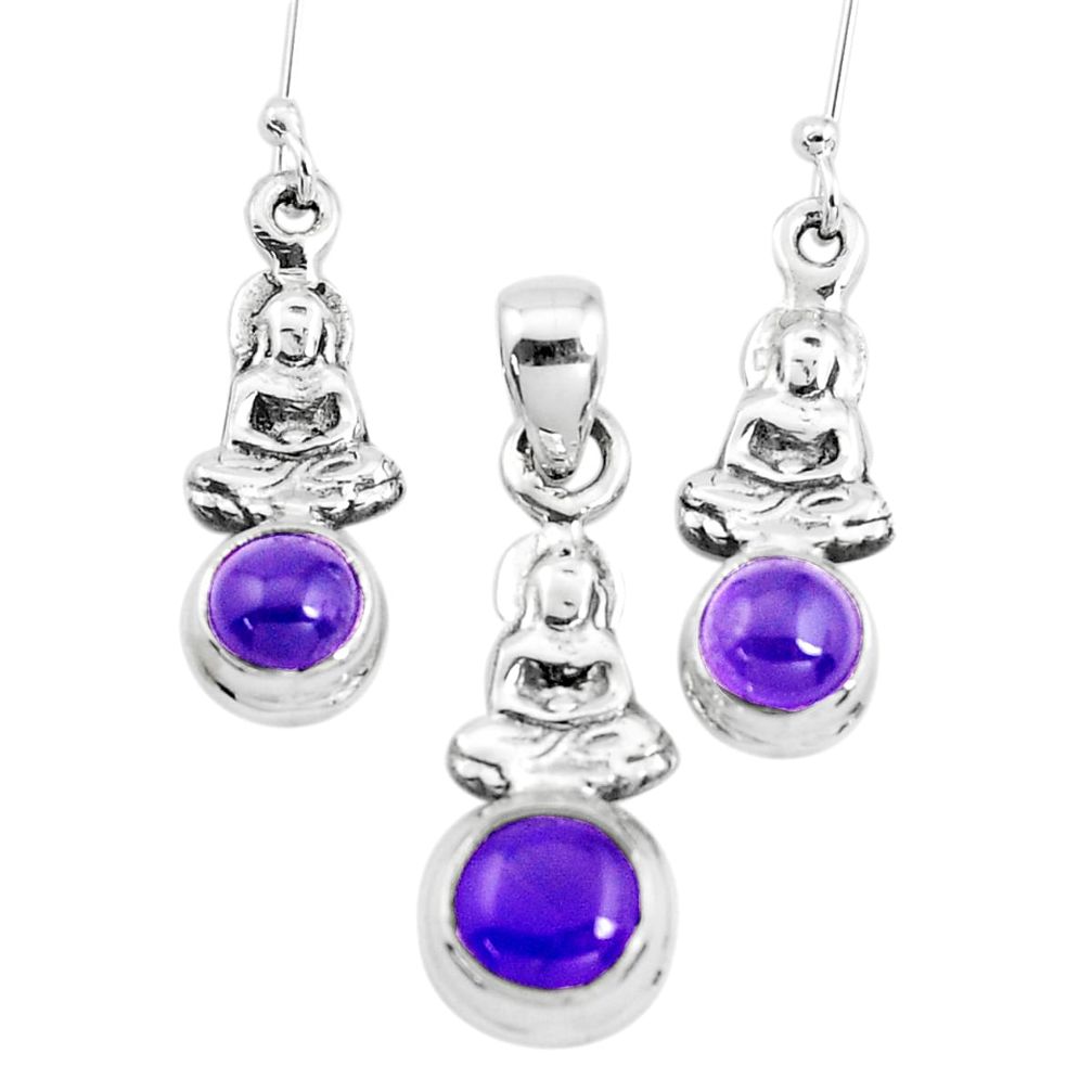 6.08cts natural purple amethyst silver buddha charm pendant earrings set p38564