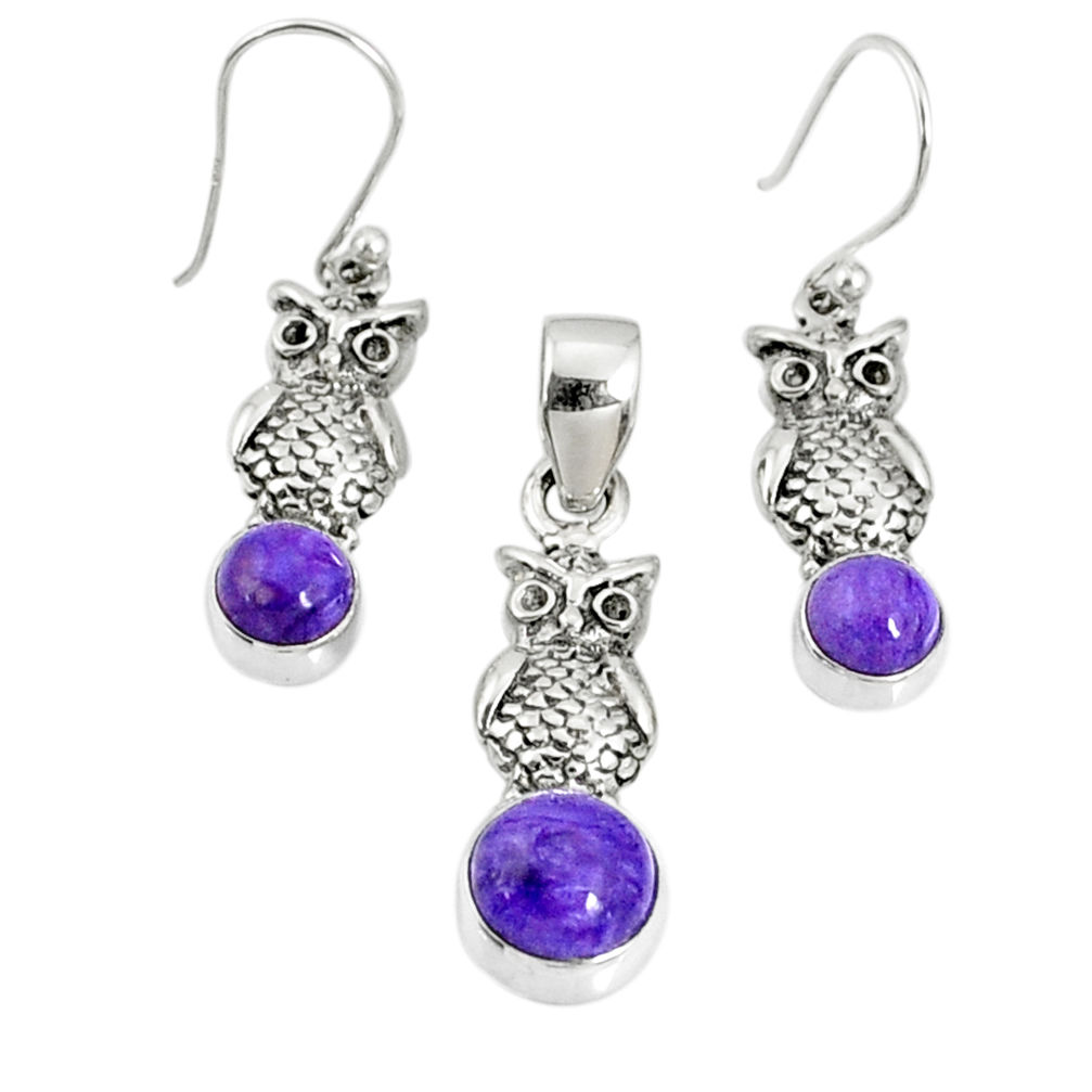 5.63cts natural purple charoite (siberian) silver pendant earrings set r69982
