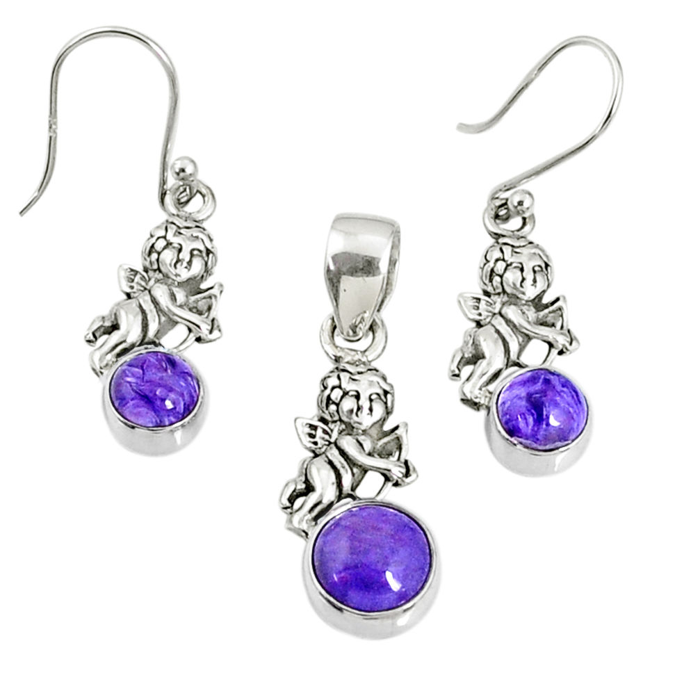 6.33cts natural purple charoite (siberian) silver pendant earrings set r69987