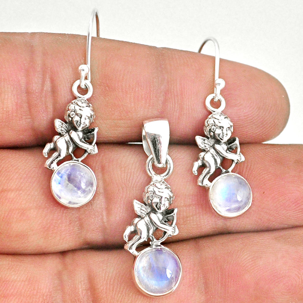 7.32cts natural rainbow moonstone 925 silver angel pendant earrings set r70258