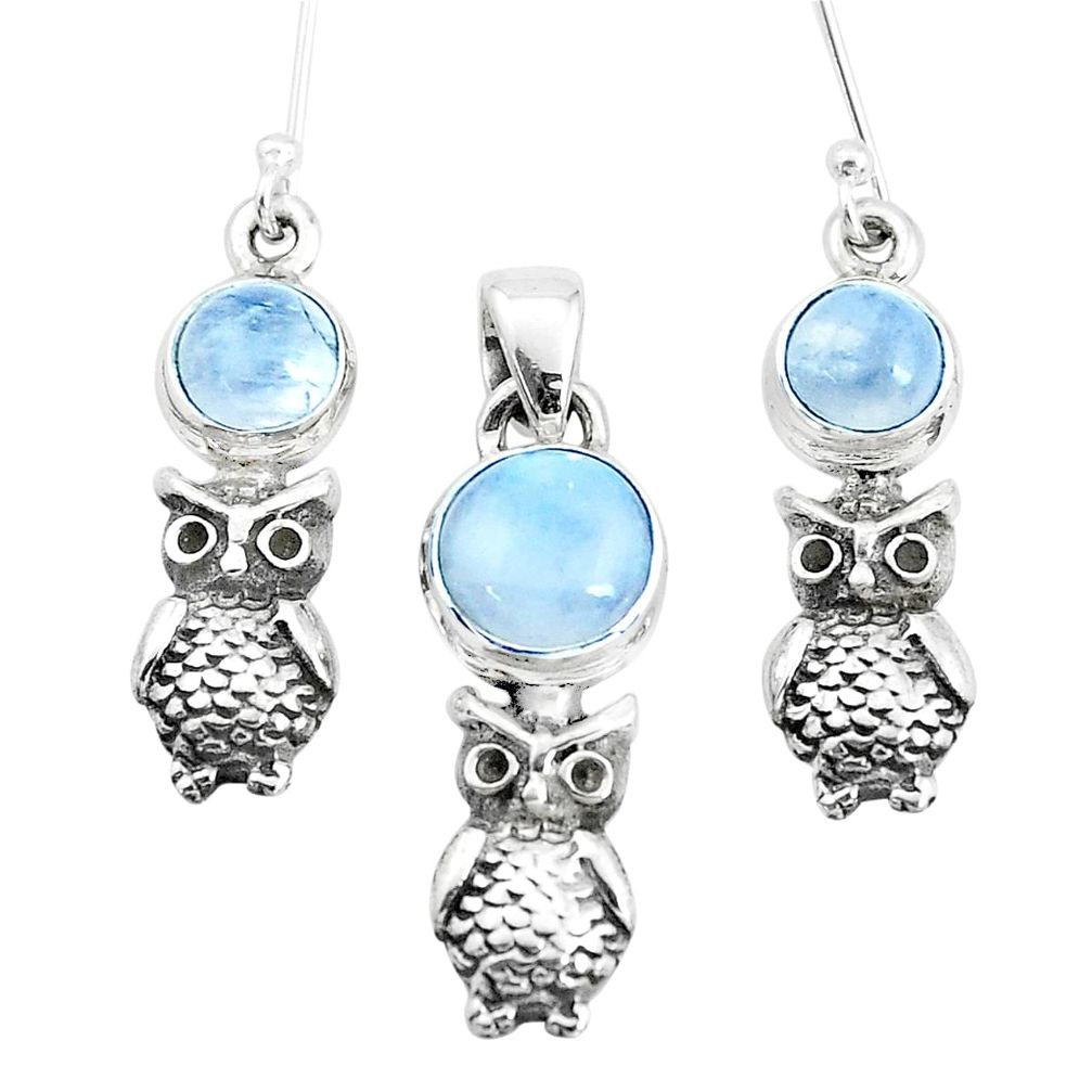 6.42cts natural rainbow moonstone 925 silver owl pendant earrings set p38616