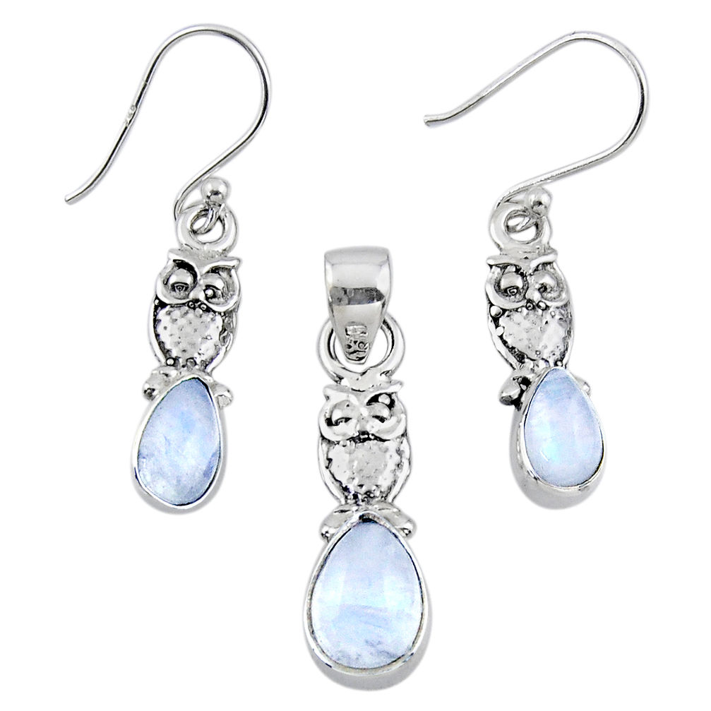 5.79cts natural rainbow moonstone 925 silver owl pendant earrings set r55758