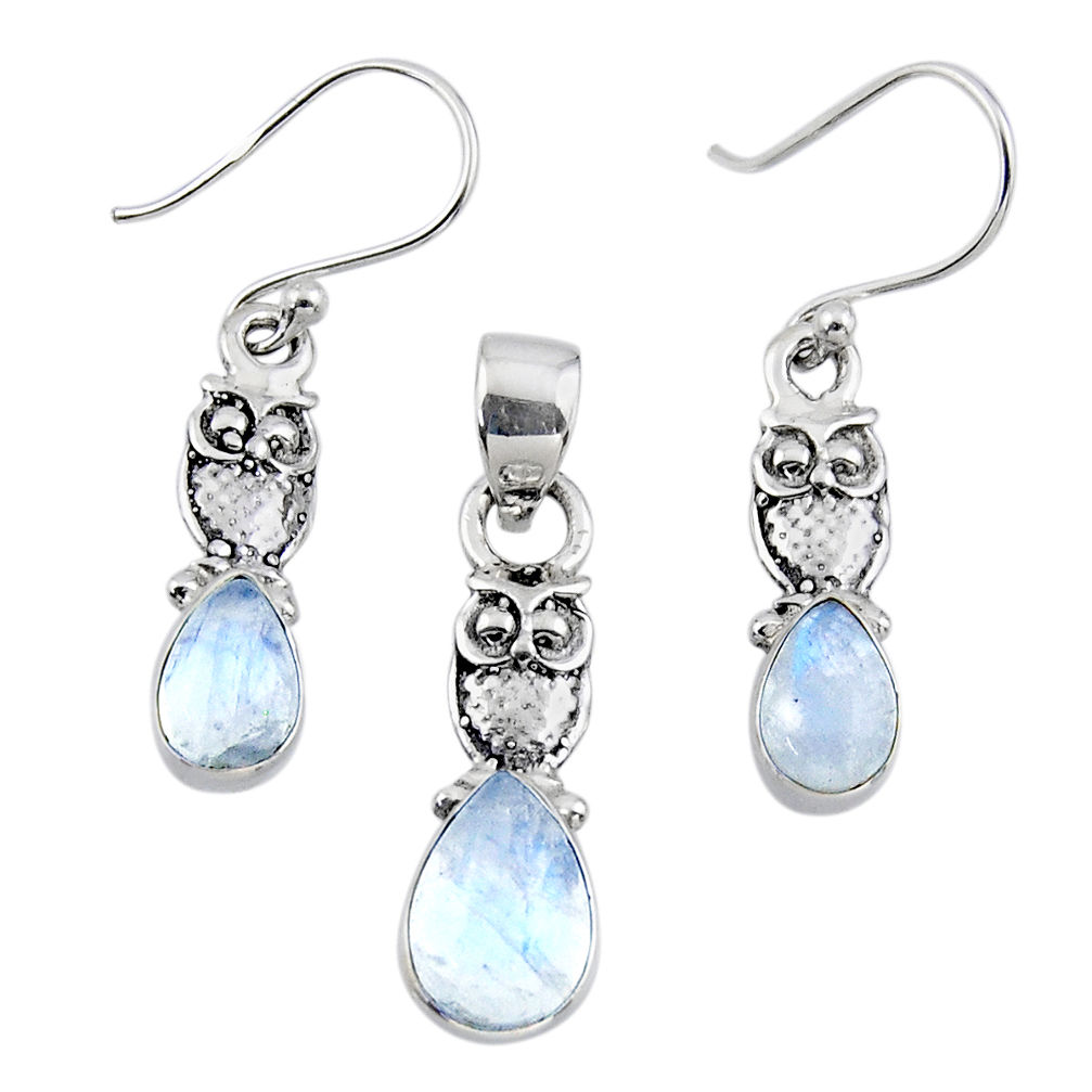 6.30cts natural rainbow moonstone 925 silver owl pendant earrings set r55759