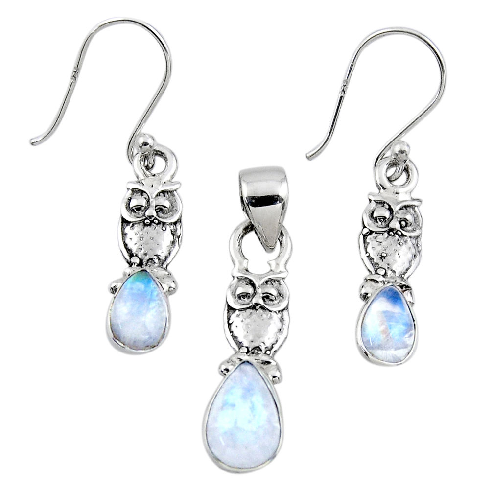 Clearance Sale- 6.30cts natural rainbow moonstone owl 925 silver pendant earrings set r55734