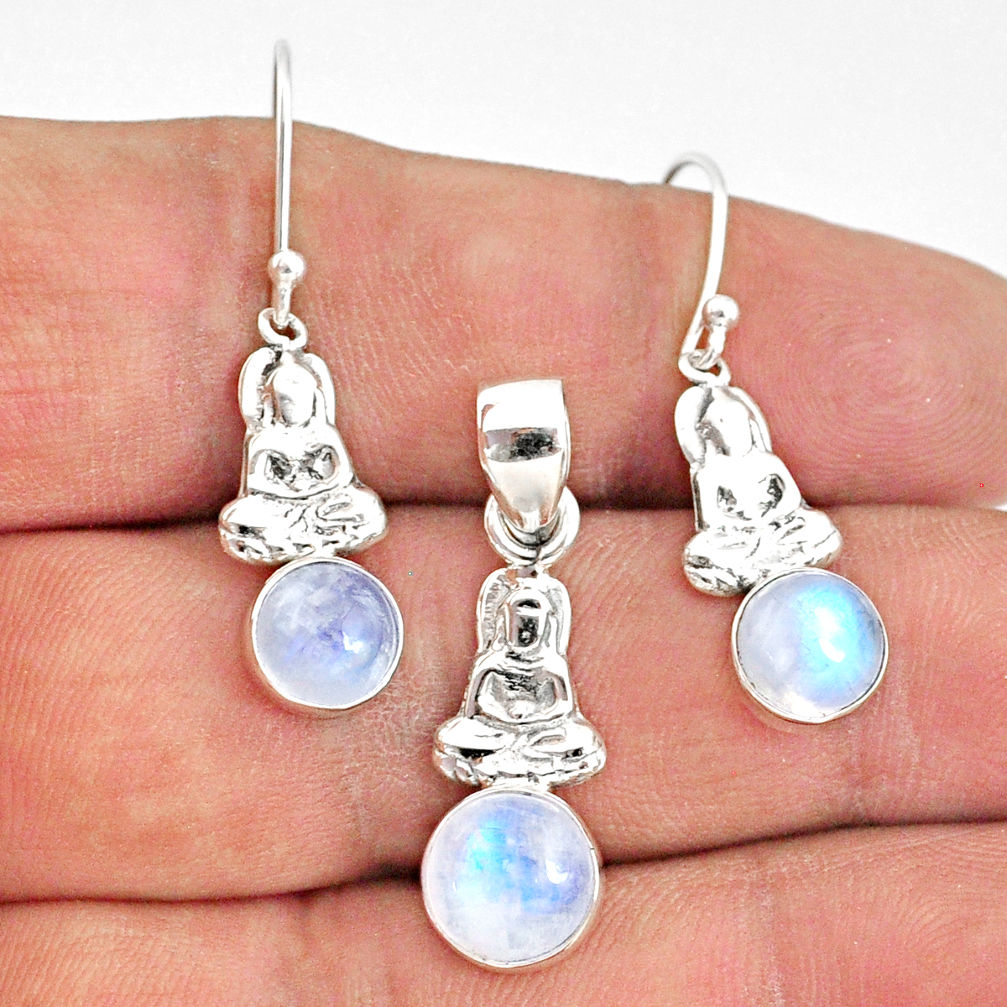 5.75cts natural rainbow moonstone round 925 silver pendant earrings set r70027