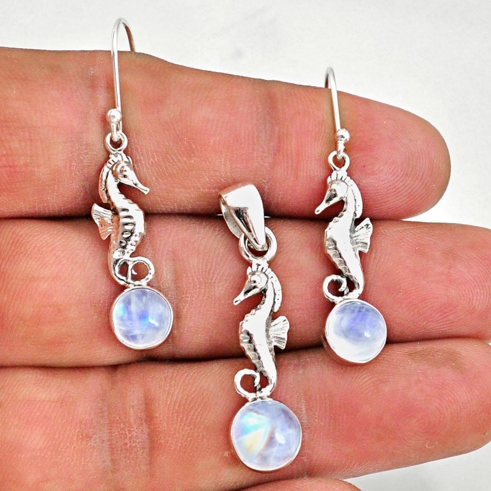 5.99cts natural rainbow moonstone silver seahorse pendant earrings set r70046