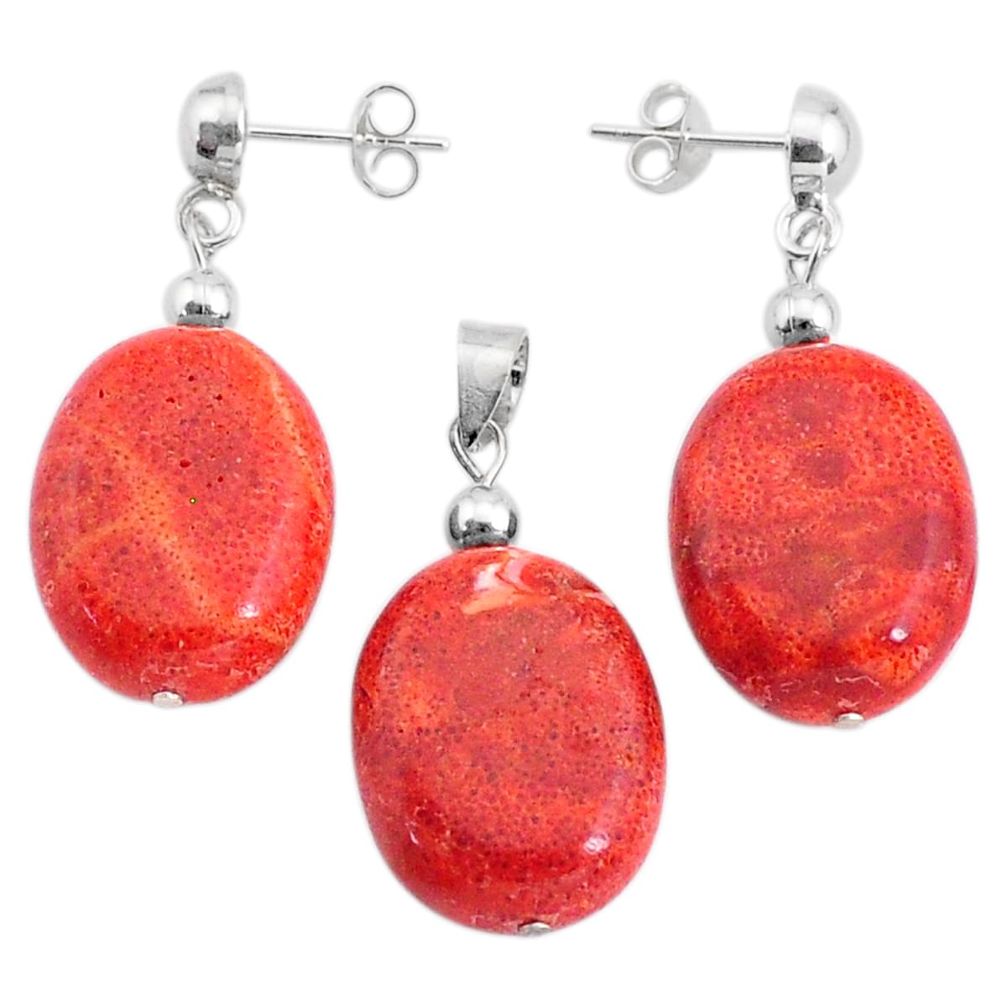 39.41cts natural red sponge coral 925 silver pendant earrings set c27808