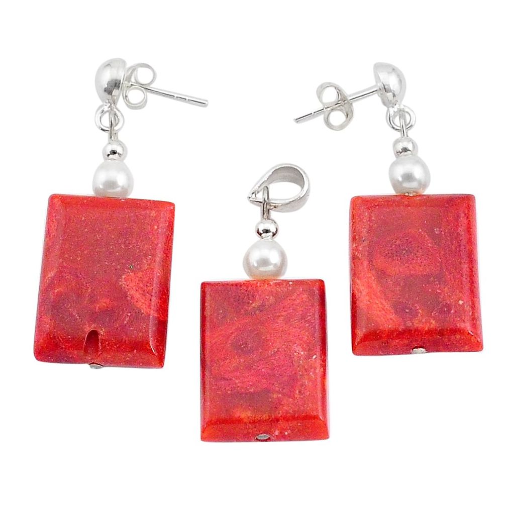 30.30cts natural red sponge coral pearl 925 silver pendant earrings set c26907