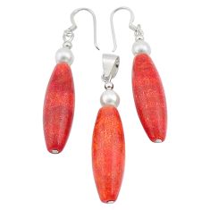 35.30cts natural red sponge coral pearl 925 silver pendant earrings set c26994