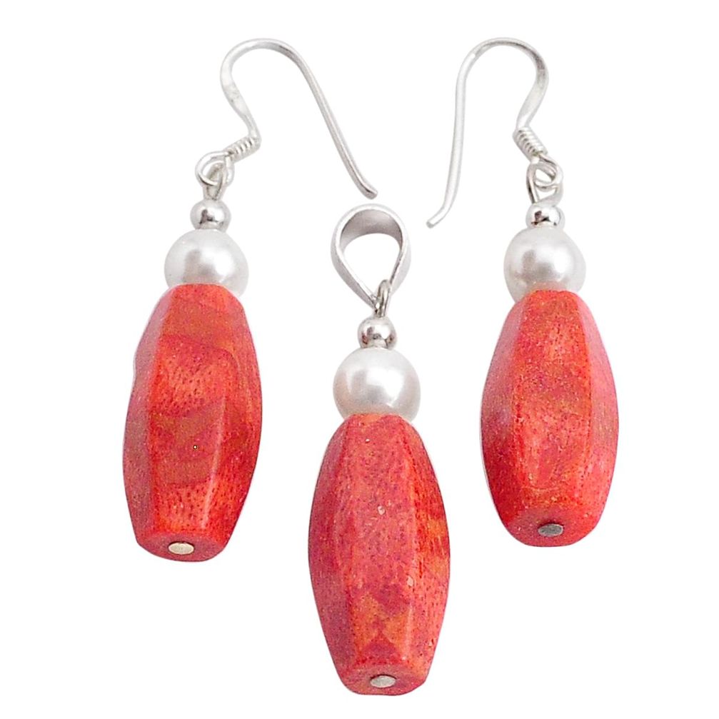 24.61cts natural red sponge coral pearl 925 silver pendant earrings set c27532