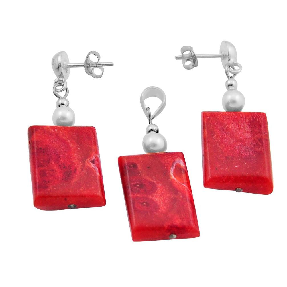 35.23cts natural red sponge coral pearl 925 silver pendant earrings set n20480