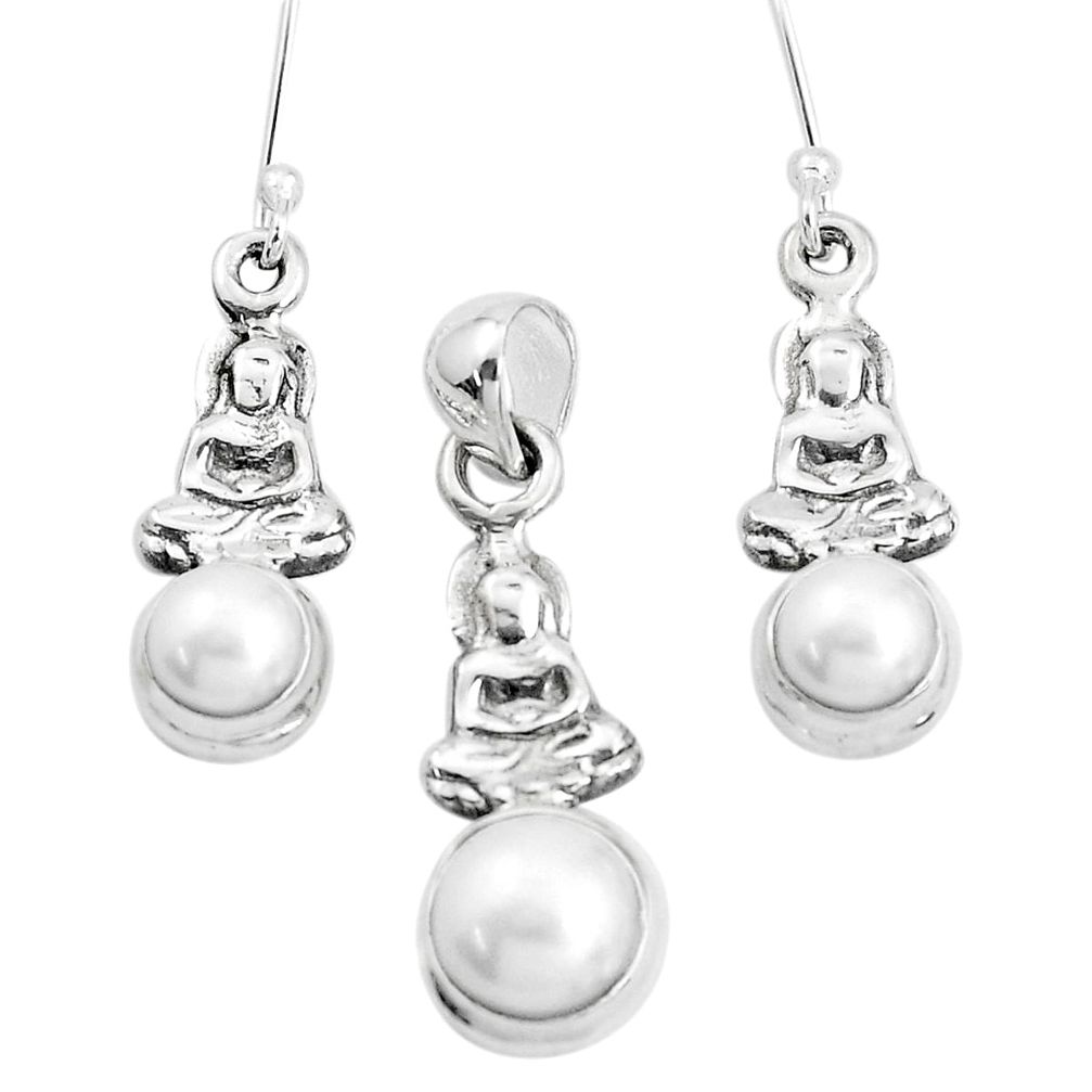 6.89cts natural white pearl 925 silver buddha charm pendant earrings set p38582