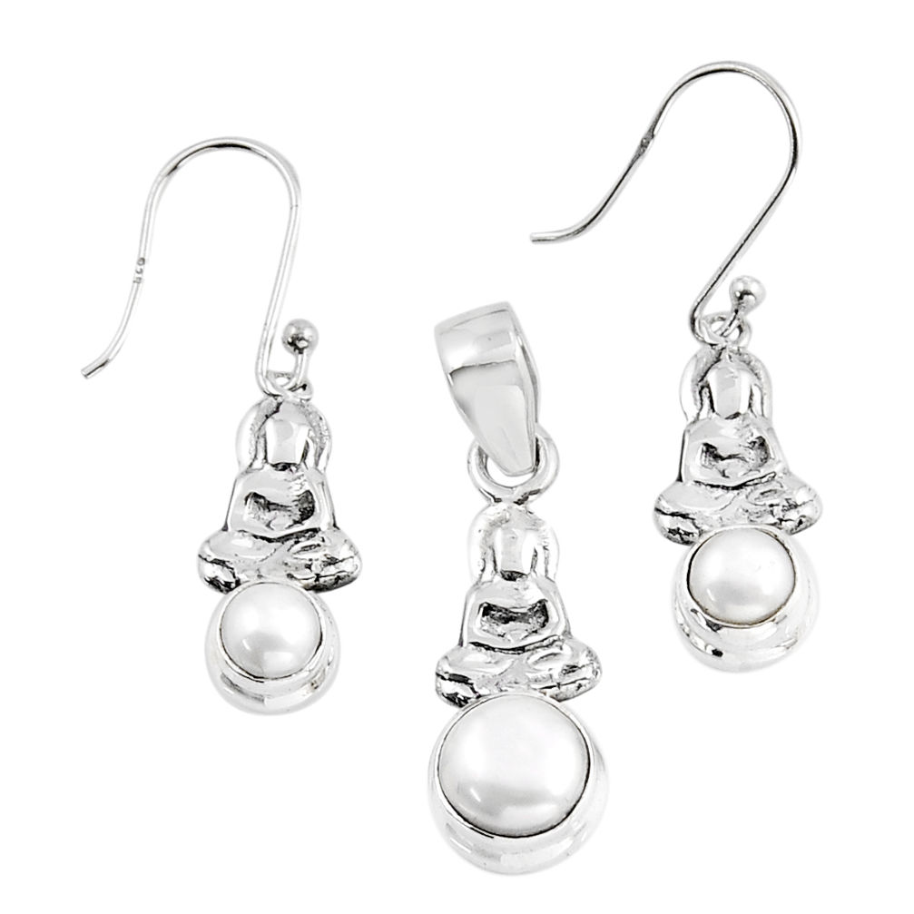 5.33cts natural white pearl 925 silver buddha charm pendant earrings set y57672