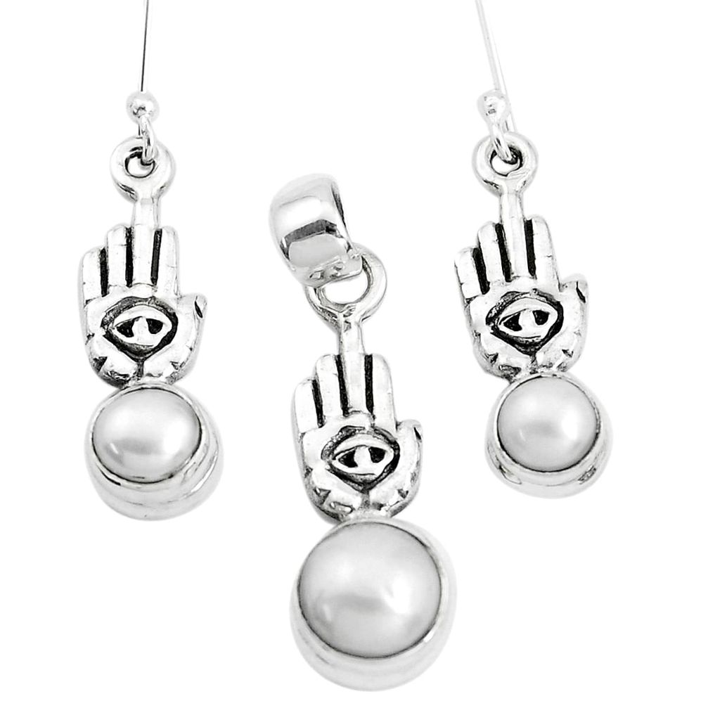 Natural white pearl 925 silver hand of gods hamsa pendant earrings set p38641