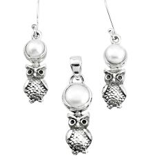 white pearl 925 sterling silver owl pendant earrings set p38615