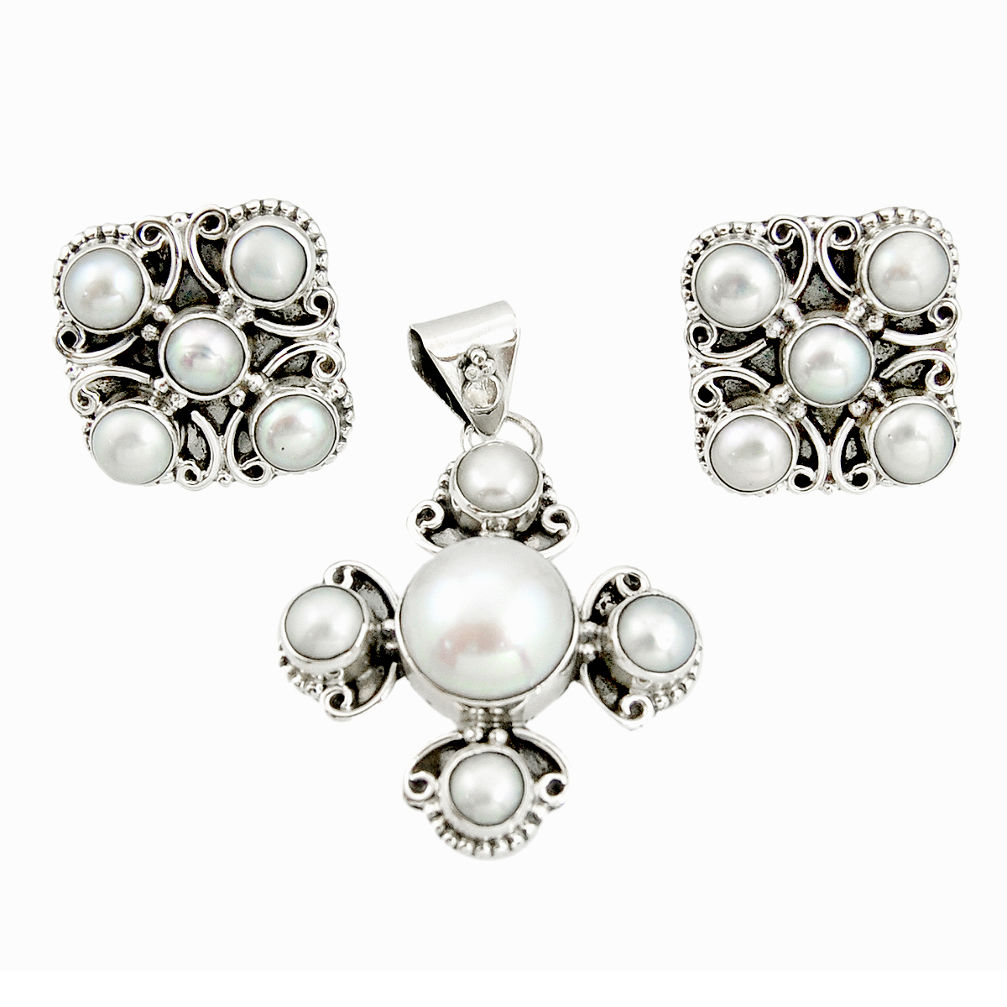 16.42cts natural white pearl 925 sterling silver pendant earrings set r20941