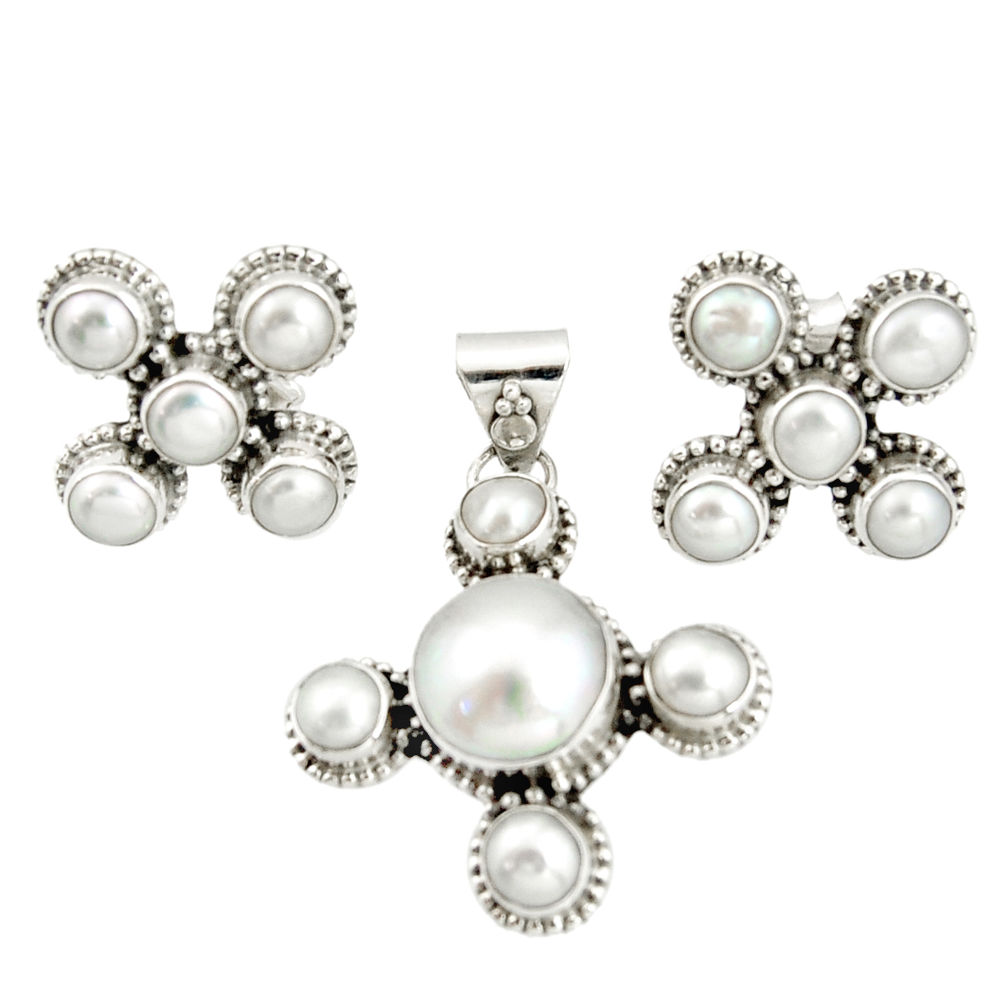 15.94cts natural white pearl 925 sterling silver pendant earrings set r20942