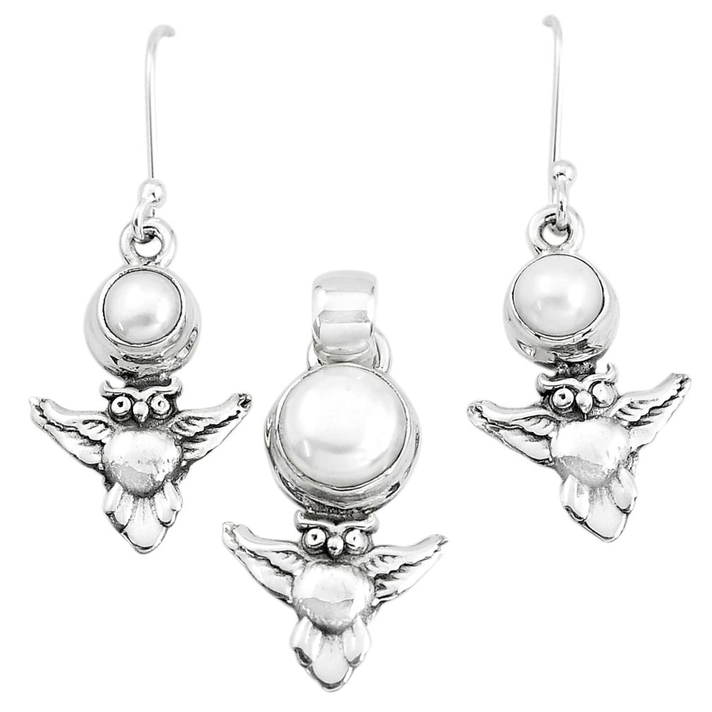 6.80cts natural white pearl 925 sterling silver pendant owl earrings set p38571