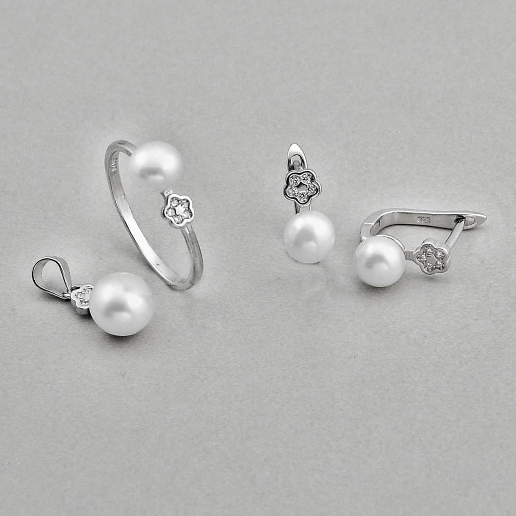 7.89cts natural white pearl round topaz silver pendant ring earrings set y83652