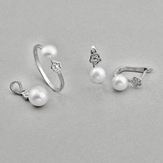 7.89cts natural white pearl round topaz silver pendant ring earrings set y83652