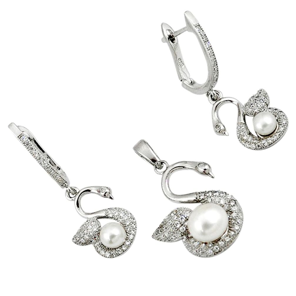 Natural white pearl topaz 925 sterling silver swan pendant earrings set c25446