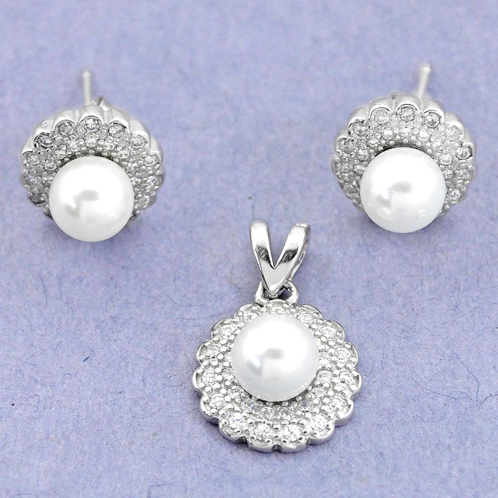 6.72cts natural white pearl topaz round 925 silver pendant earrings set c25571
