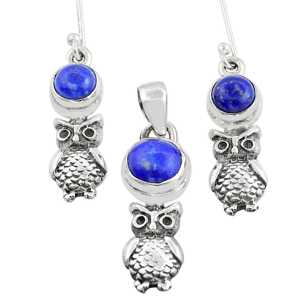 5.38cts owl natural blue lapis lazuli 925 silver pendant earrings set u88281