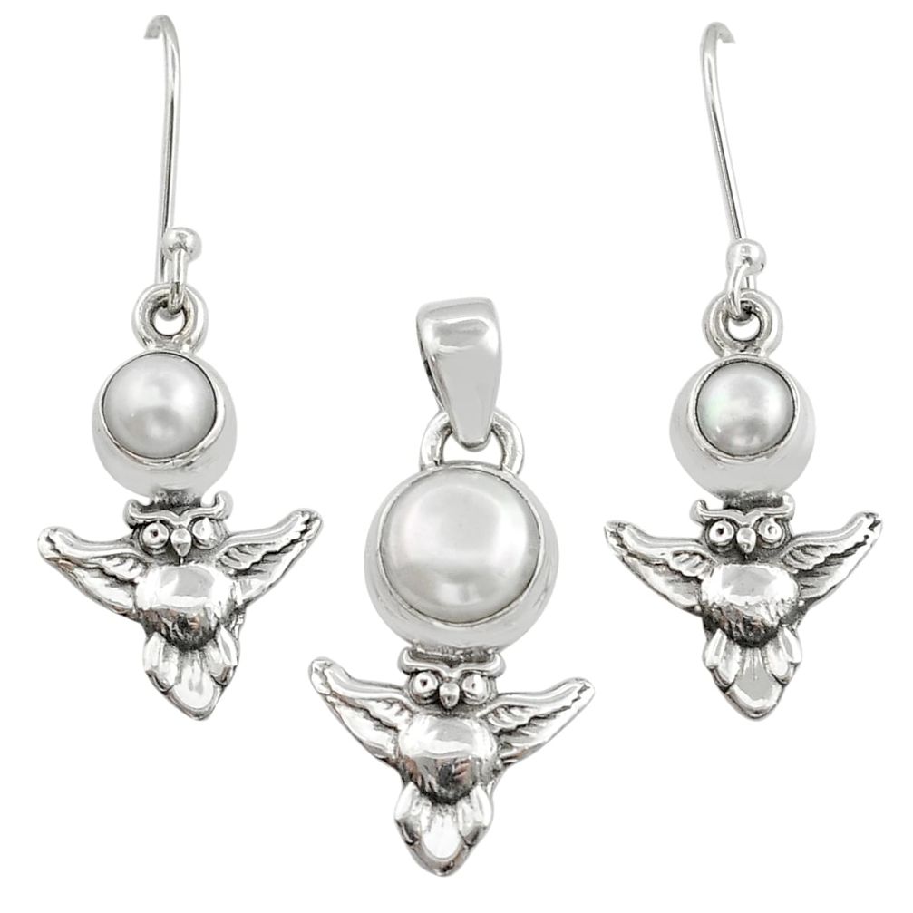 5.49cts owl natural white pearl 925 sterling silver pendant earrings set u88293