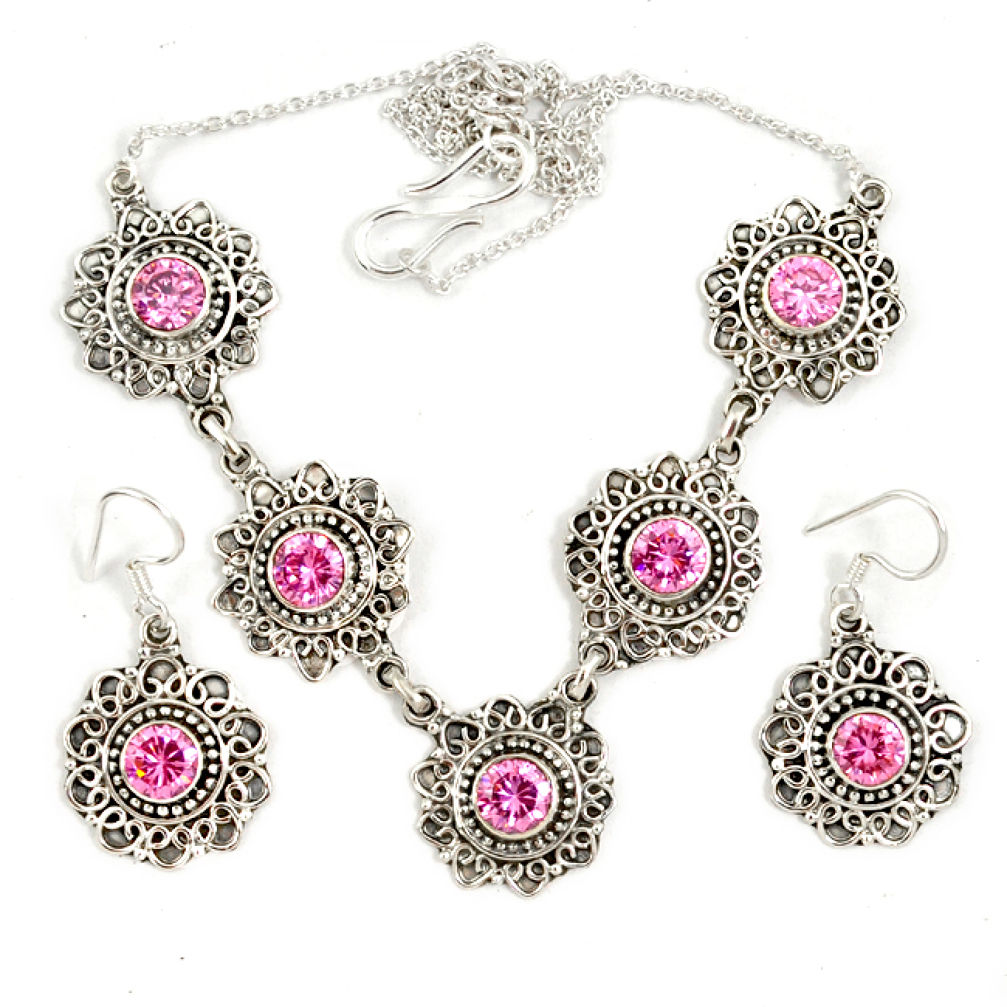 Pink kunzite (lab) 925 sterling silver earrings necklace set jewelry j9501