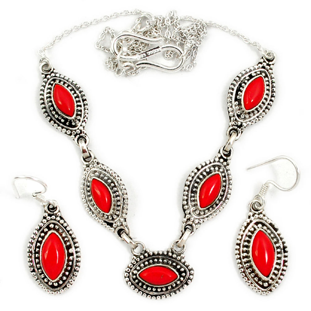 Red blood coral 925 sterling silver earrings necklace set jewelry j2351