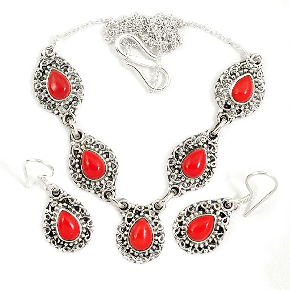 Red blood coral 925 sterling silver earrings necklace set jewelry j9488