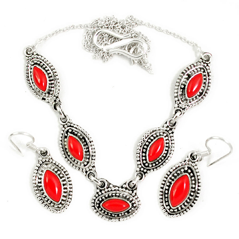 Red blood coral marquise 925 sterling silver earrings necklace set jewelry j9519