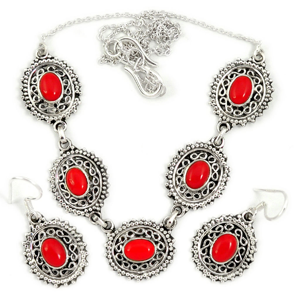 Red blood coral oval 925 sterling silver earrings necklace set jewelry j2353